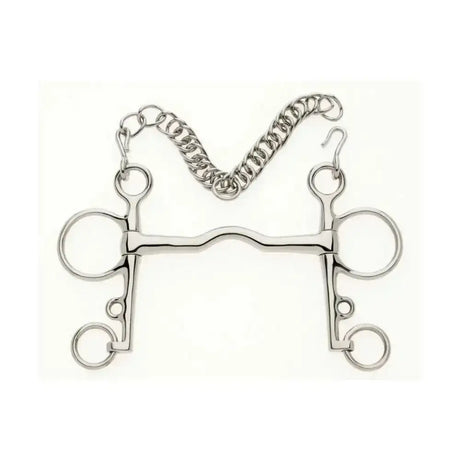 Silver metal lorina low port pelham bit with curved design and attached chain for riding control