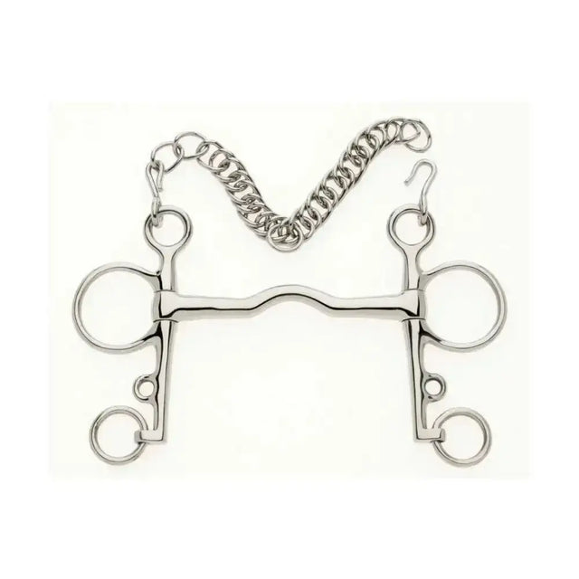 Silver metal lorina low port pelham bit with curved design and attached chain for riding control