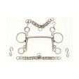 Shiny silver metal lorina mullen mouth pelham bit with curved mullen mouthpiece, large rings, and attached chains