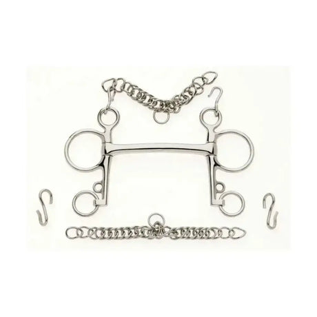 Shiny silver metal lorina mullen mouth pelham bit with two large rings and attached chains featuring curved mullen mouthpiece