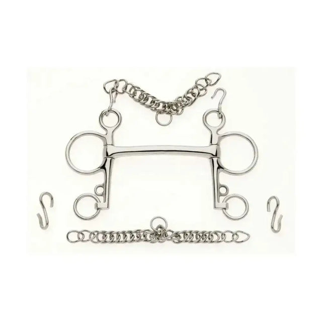 Shiny silver metal lorina mullen mouth pelham bit with two large rings and attached chains featuring curved mullen mouthpiece