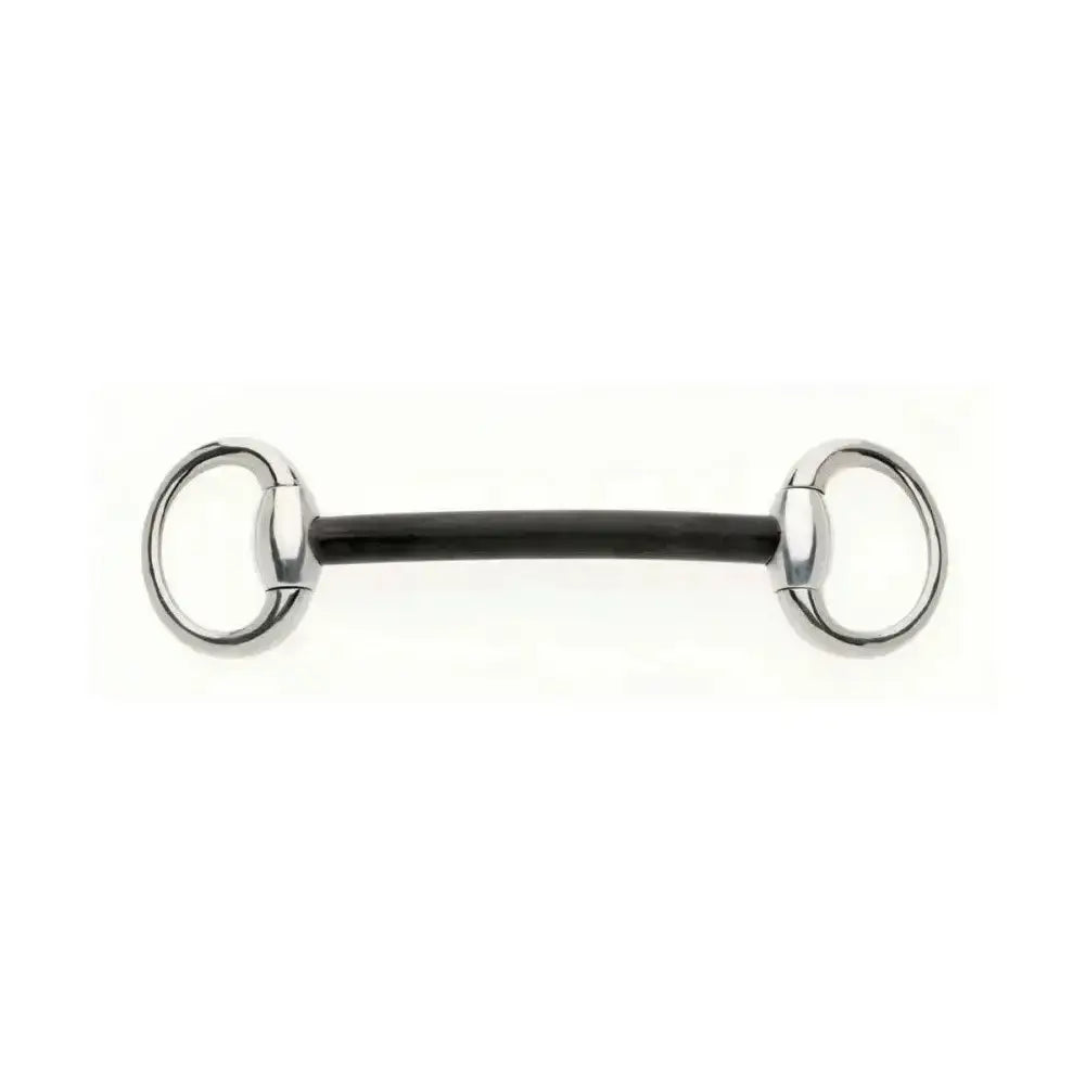 Silver-toned lorina nylon mullen mouth mullen mouth eggbutt with black rubber center bar and polished metal rings