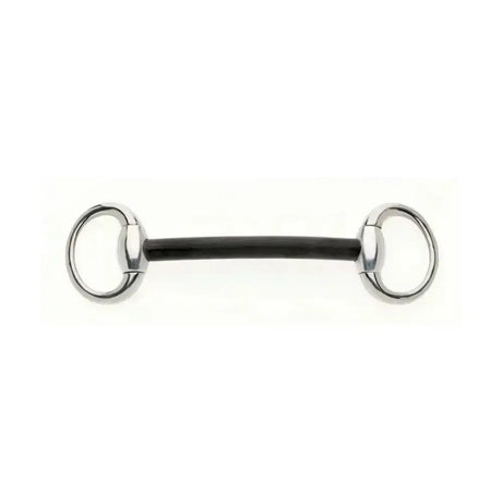 Silver-toned lorina nylon mullen mouth mullen mouth eggbutt with black rubber center bar and polished metal rings