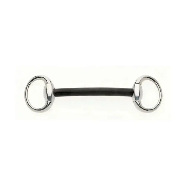 Silver-toned lorina nylon mullen mouth mullen mouth eggbutt with black rubber center bar and polished metal rings