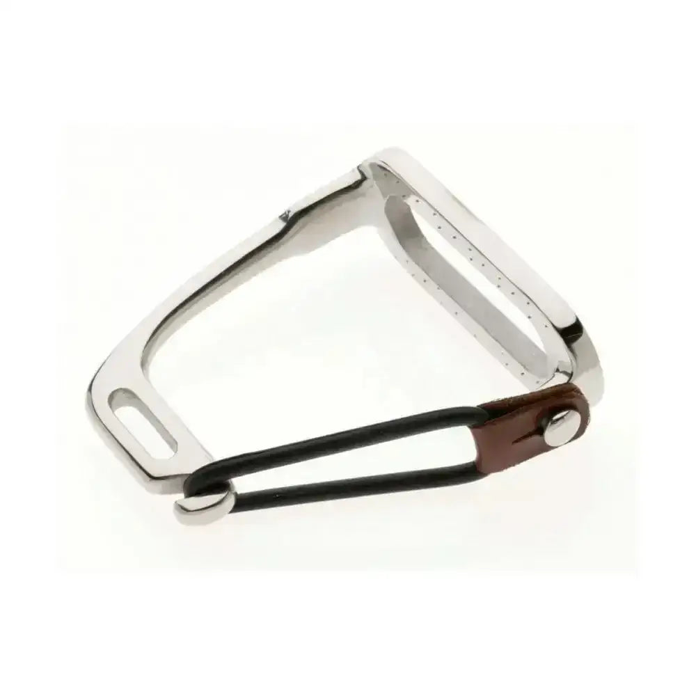 Silver stainless steel lorina peacock safety irons with brown leather strap and black cord peacock stirrups pair