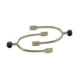 Silver lorina polo spur with black spherical tips and engraved blades featuring polo spur rubber roller design