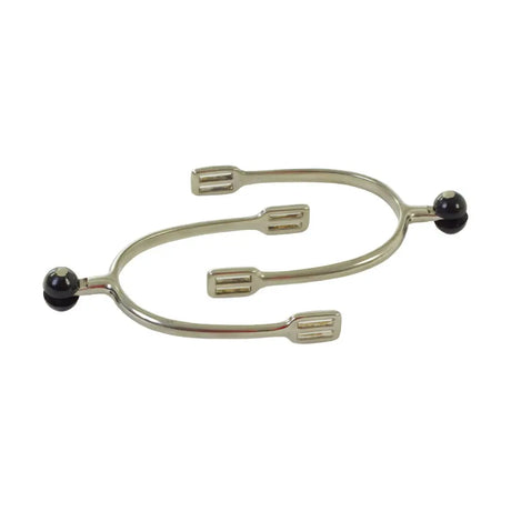 Silver lorina polo spur with black spherical tips and engraved blades featuring polo spur rubber roller design