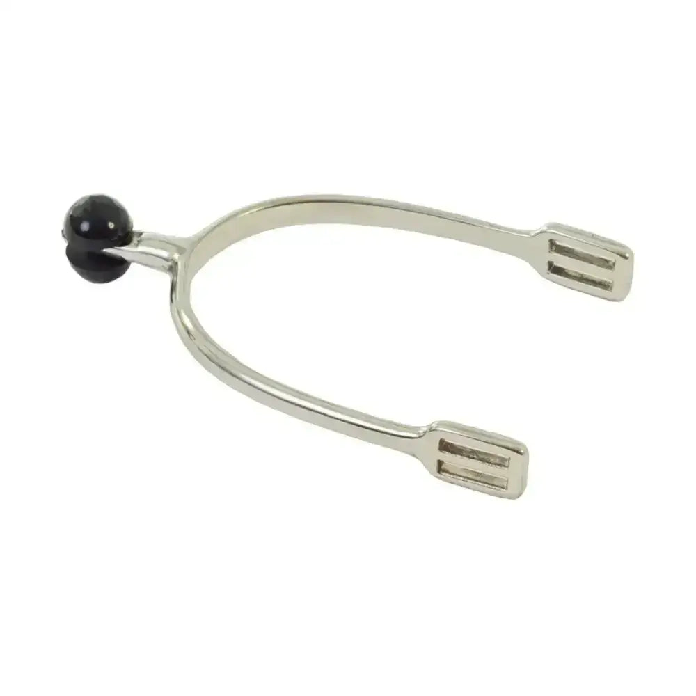Silver lorina polo spur with black spherical knob and grooved rectangular ends polo spur rubber roller detail