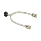Silver lorina polo spur with black spherical knob and grooved rectangular ends polo spur rubber roller detail