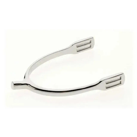 Shiny silver lorina prince of wales spurs with polished metal finish and two rectangular slots on each end for riding