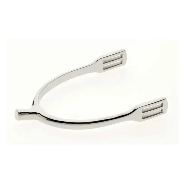 Shiny silver lorina prince of wales spurs with polished metal finish and two rectangular slots on each end for riding