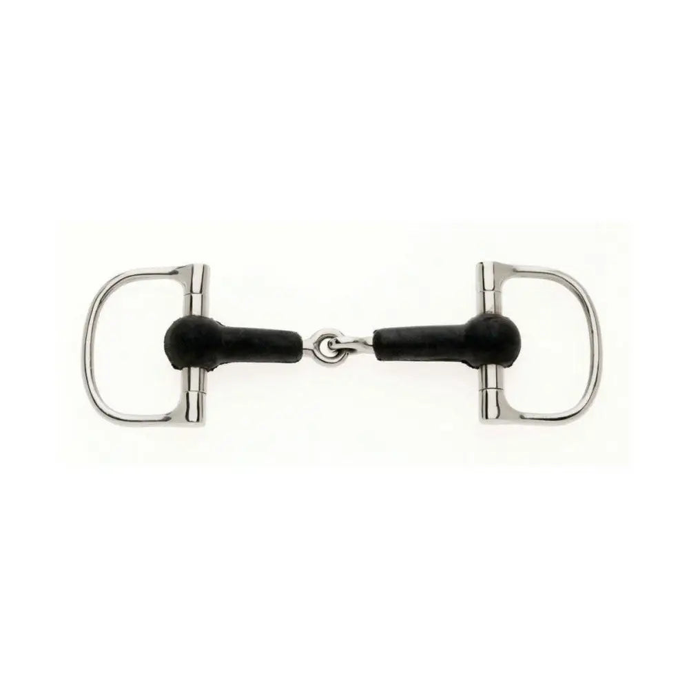 Silver lorina rubber d ring snaffle with black rubberized mouthpiece and d shaped rings for riding use