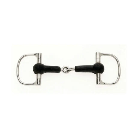 Silver lorina rubber d ring snaffle with black rubberized mouthpiece and d shaped rings for riding use