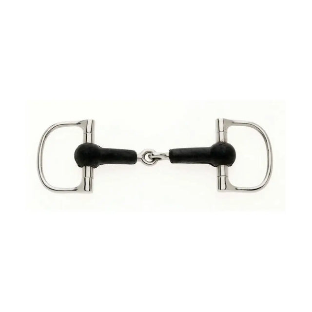 Silver lorina rubber d ring snaffle with black rubberized mouthpiece and d shaped rings for riding use