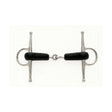Silver horsebit cheek jointed snaffle with black lorina rubber mouth and polished metal rings for poll pressure control