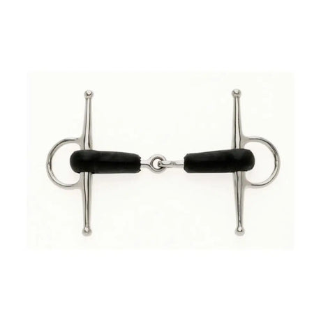Silver lorina rubber mouth cheek jointed snaffle with black rubber mouthpiece and polished metal rings reducing poll pressure