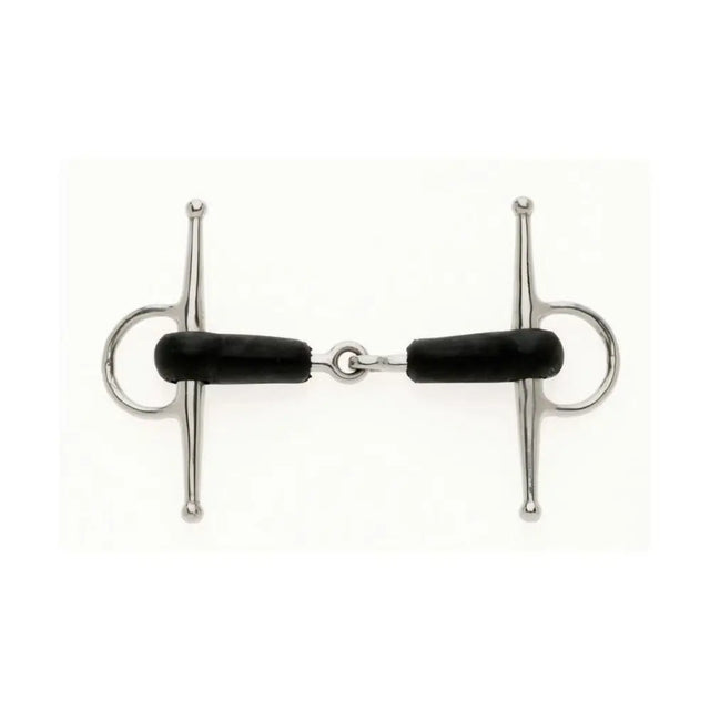 Silver lorina rubber mouth cheek jointed snaffle with black rubber mouthpiece and polished metal rings reducing poll pressure