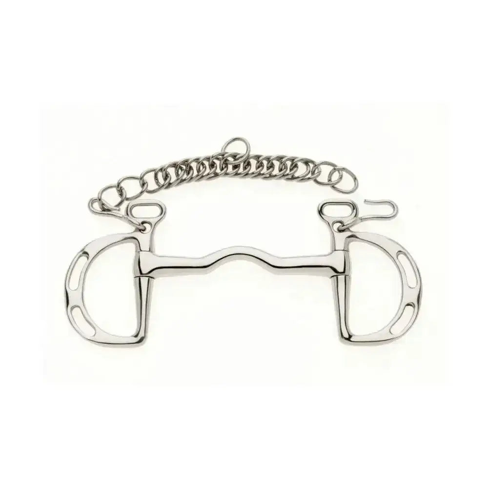 Shiny silver metal horsebit with chain attached on the lorina uttoxeter slotted kimblewick bit
