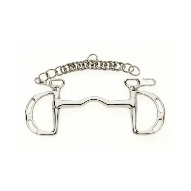 Shiny silver metal horsebit with chain attached on the lorina uttoxeter slotted kimblewick bit