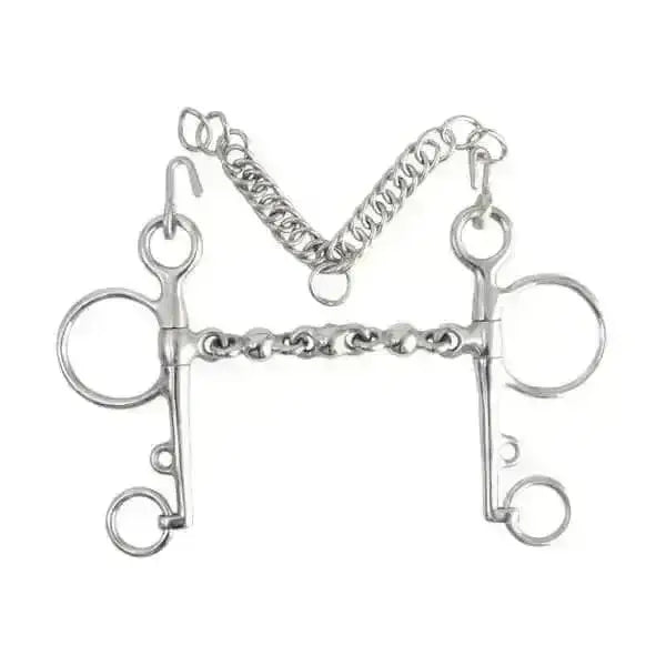 Silver metal horsebit with chain and rings from lorina waterford pelham bits in steel for horse riding control