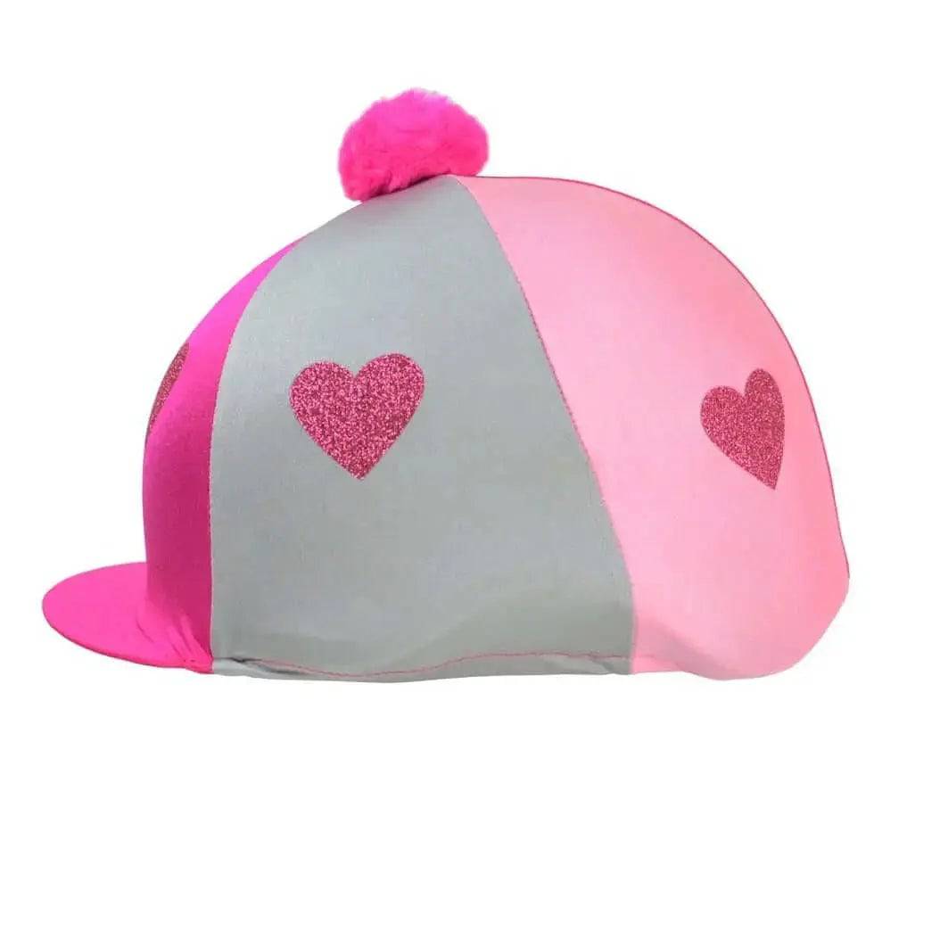 Love Heart Glitter Hat Cover by Little Rider Pink/Silver/Light Pink One Size HY Equestrian Hat Silks Barnstaple Equestrian Supplies