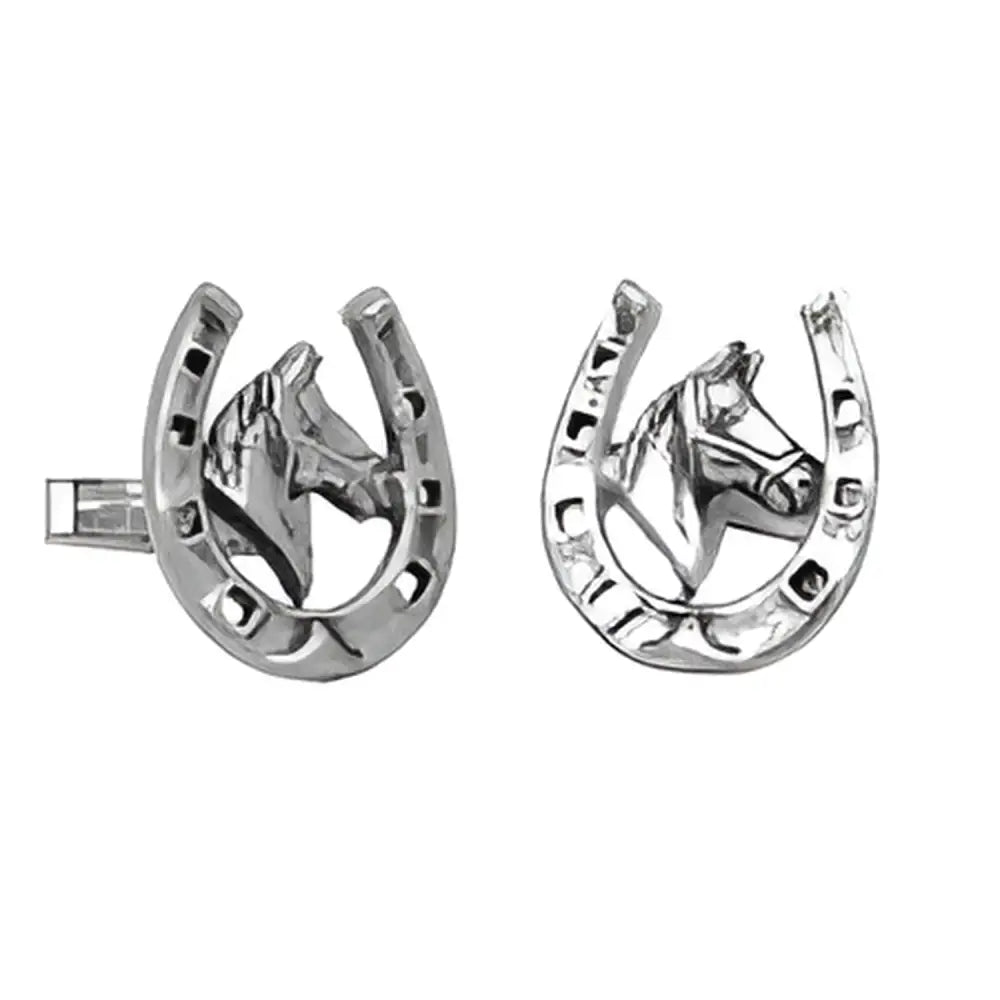 Silver lucky horseshoe cufflinks with detailed horses head design perfect for stylish cufflinks gifts