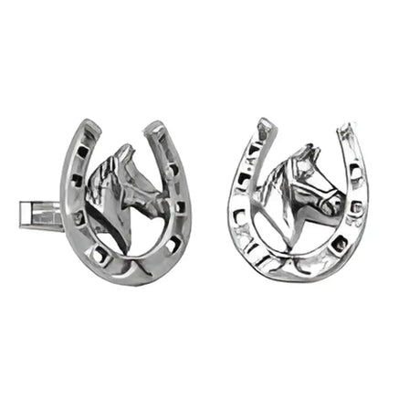 Silver lucky horseshoe cufflinks with detailed horses head design perfect for stylish cufflinks gifts