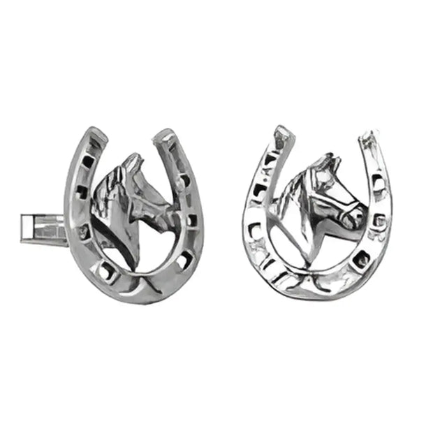 Silver lucky horseshoe cufflinks with detailed horses head design perfect for stylish cufflinks gifts