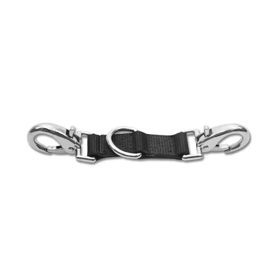 Black webbing lunge coupling with silver metal swivel hooks for equestrian use with horses