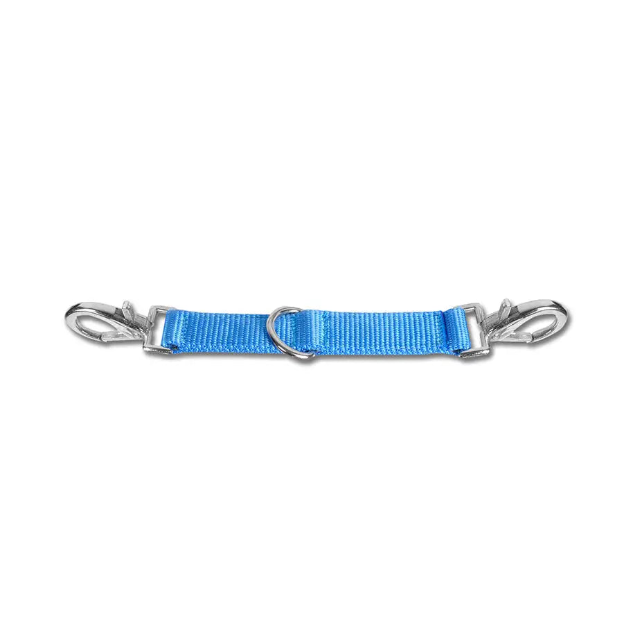 Bright blue woven lunge coupling with silver metal swivel hooks for equestrian use with horses