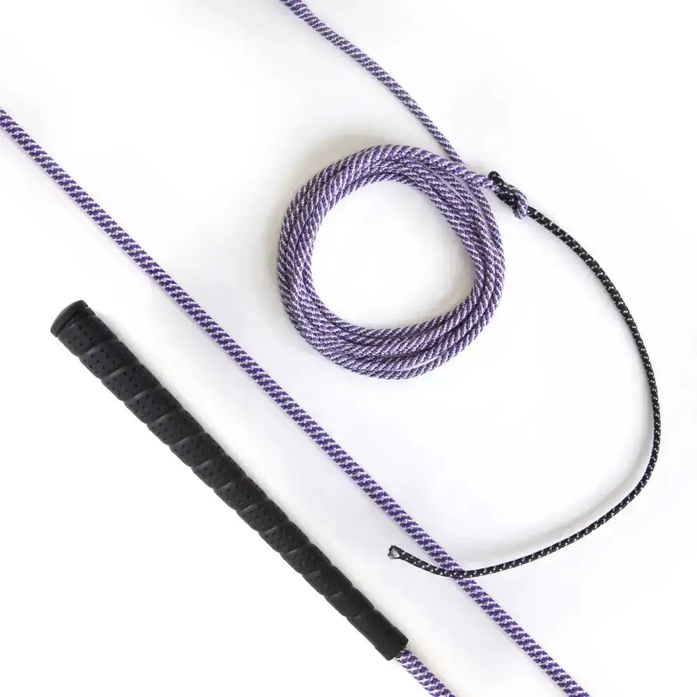 Purple and black braided lunge whip purple with textured black grip designed for balanced control and wholesale pallet orders