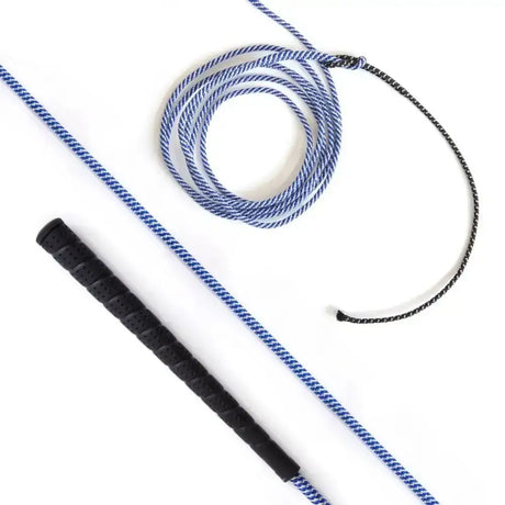 Blue and white braided lunge whip royal blue with black textured grip super lightweight and balanced design