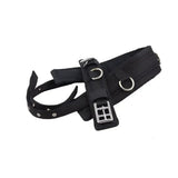 Black leather lunging training roller with silver central dee, soft webbing, and metal buckle for horse training