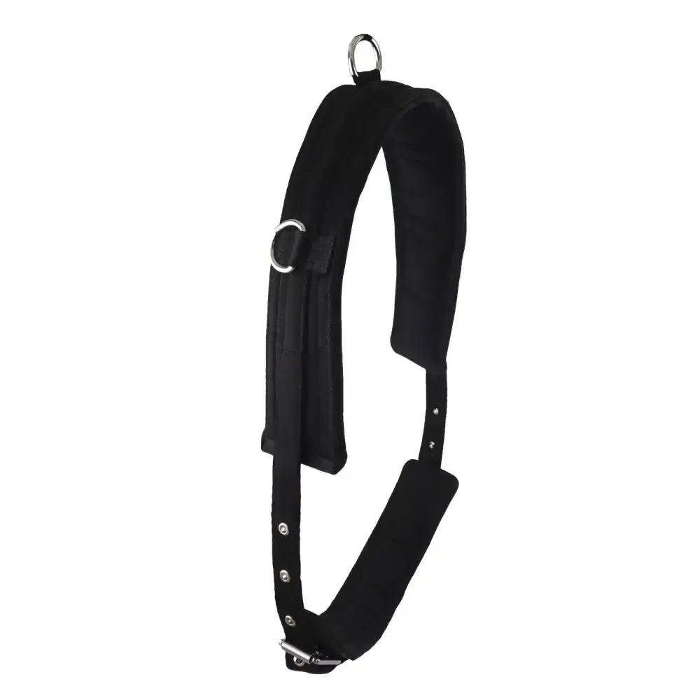 Black padded lunging training roller with soft webbing, adjustable straps, metal hardware, and central dee detail