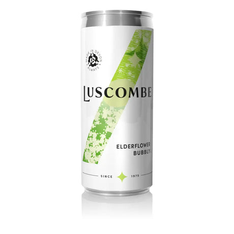A sleek white aluminum can of luscombe elderflower bubbly with a green floral stripe and black text bubbly canned drink