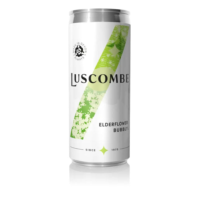 A sleek white aluminum can of luscombe elderflower bubbly with a green floral stripe and black text bubbly canned drink