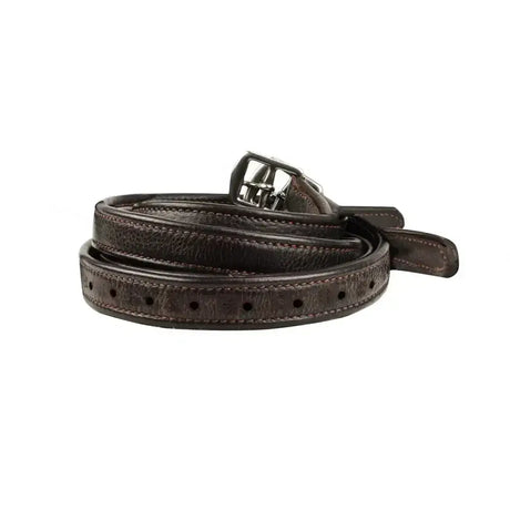 Luxury stirrup leathers brown made of dark brown leather with silver buckle and contrast stitch luxury detailing