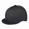 Black equestrian cap with flat brim and structured panels covered by stretchy lycra hat cover in single colour