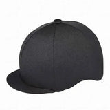 Black equestrian cap with flat brim and structured panels covered by stretchy lycra hat cover in single colour