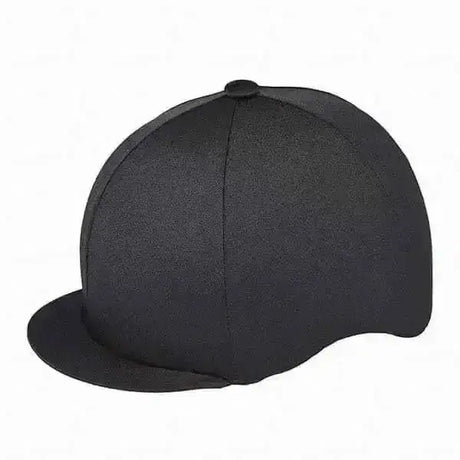 Black equestrian cap with flat brim and structured panels covered by stretchy lycra hat cover in single colour