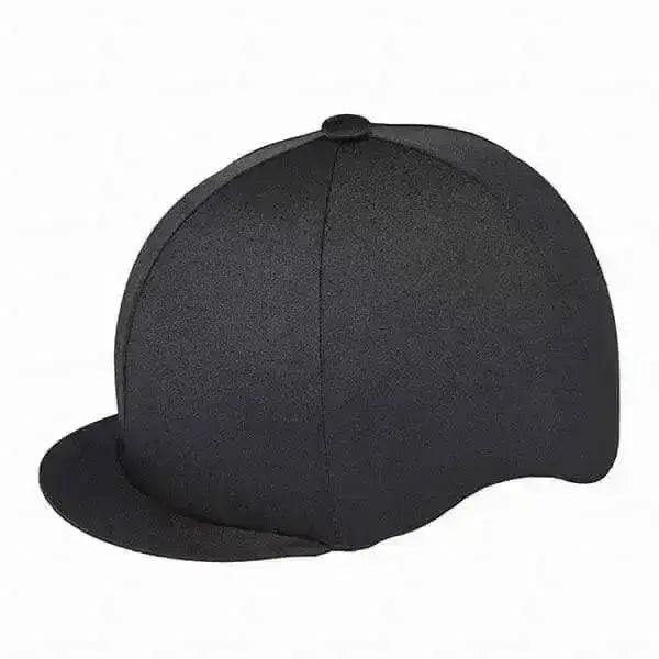 Black equestrian cap with flat brim and structured panels covered by stretchy lycra hat cover in single colour