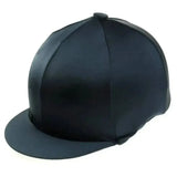 Black lycra hat cover made of stretchy lycra with a smooth glossy finish and flat brim in single colour design