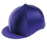 A sleek deep purple stretchy lycra hat cover with smooth satin finish and subtle stitching for equestrian helmets