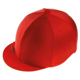 Bright red lycra hat cover with smooth stretchy fabric designed for equestrian helmets with a flat brim