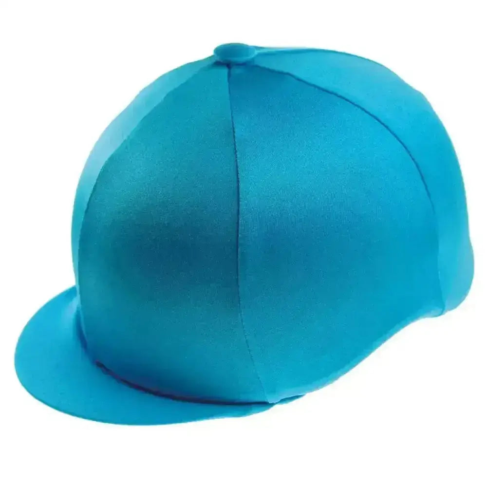Bright turquoise lycra hat cover made of smooth stretchy lycra fabric perfect for equestrian helmets