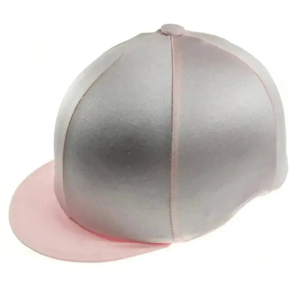 A sleek two-toned lycra hat cover with metallic silver crown and soft pink brim made from stretchy lycra material
