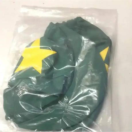 Dark green lycra riding hat cover with bright yellow star decals made from steamed spandex velour material