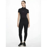 Black high neck short sleeve athletic top with subtle chest logo paired with lydia mesh leggings black