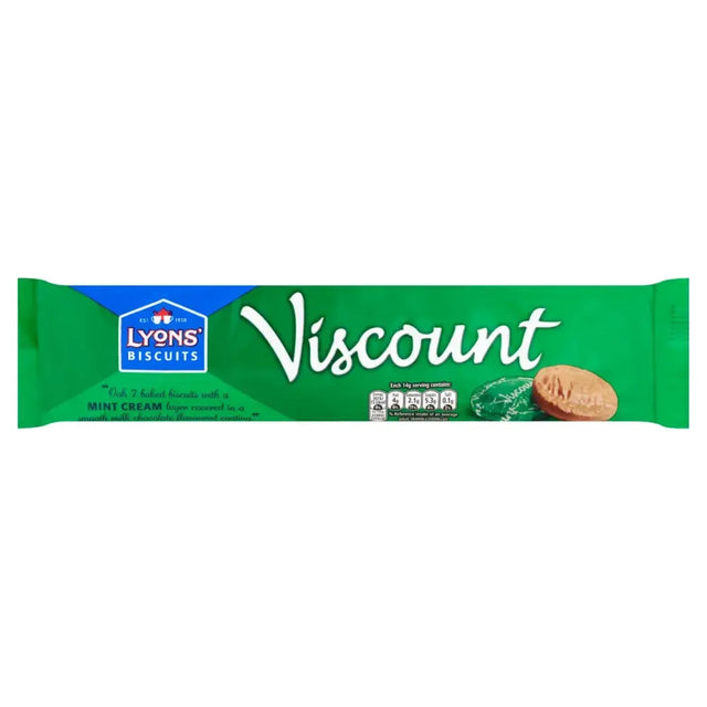 Green packaged lyons viscount biscuits with a blue logo and biscuit image on the front of viscount biscuits pack