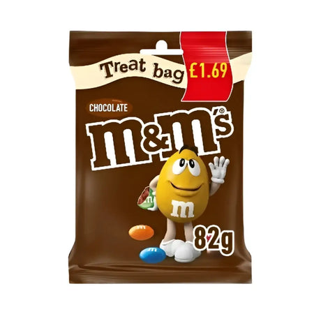 Brown chocolate treat bag of m and ms featuring a yellow character holding a green bag marked 82g